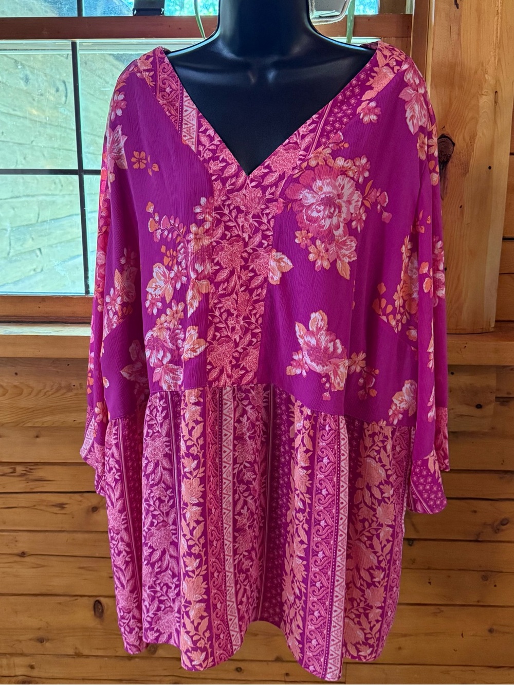 Isaac Mizrahi Live Boho Floral Babydoll Tunic Blouse Magenta Pink Plus Size 28W - Picture 3 of 9